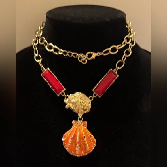 Vintage Gold, Pink, and Red Shell Pendant Necklace - Picture 2 of 6